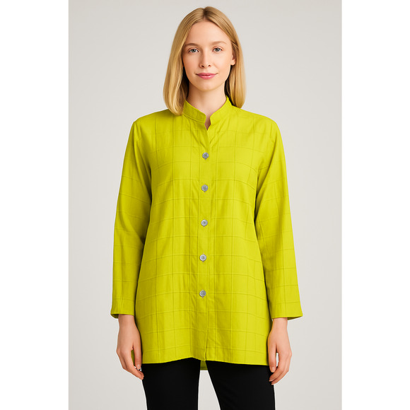 Ali Miles Tunic Size XL Lime Green 3/4 Sleeves Button Front Lagenlook Artsy - Picture 1 of 8